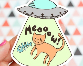 Funny Cat Vinyl Sticker, Cat Sticker, Cute UFO Cat Sticker, Kitty Sticker, Abducted Cat UFO Alien Sticker