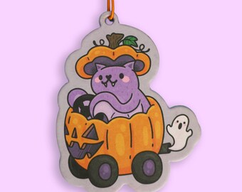 Bat in Pumpkin Air Freshener, Pumpkin Scent Car Air Freshener, Cute Halloween Bat Car Accessory, Spooky Kawaii Rearview Mirror Decor