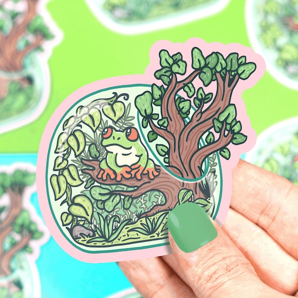 Tree Frog Terrarium Vinyl Sticker, Plant Sticker, Weatherproof Sticker, Die Cut Sticker, Plant Sticker, Jungle Sticker, Cute Planner Sticker