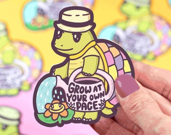 Grow At Your Own Pace Turtle Vinyl Sticker, Gardener Sticker, Inspirational Sticker, Cute, Birthday Gift, For Her, Laptop Sticker, Plant