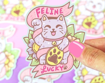 Cat Sticker, Lucky Cat, Feeling Lucky, Maneki, Neko, Chinese, Cat Vinyl Sticker, Good Luck, Cat Sticker, New Years, Cat Lover Gift, Holiday