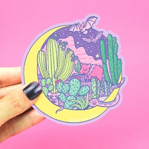 Desert Moon, Vinyl Sticker, Crescent, Cactus, Succulents, Snake, Southwestern Vibes, Animals, Purple, Sky, Illustration, Art, Bats, Decals