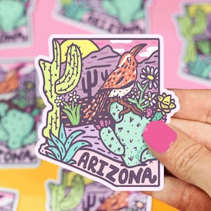 Carte de l'Arizona, oiseau troglodyte des cactus, autocollant en vinyle lunatique de l'Arizona, désert, cactus, autocollant bouteille d'eau, sticker pour ordinateur portable