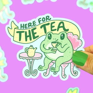 Frog Tea Gossip Sticker: Funny Kawaii Decal, Weatherproof