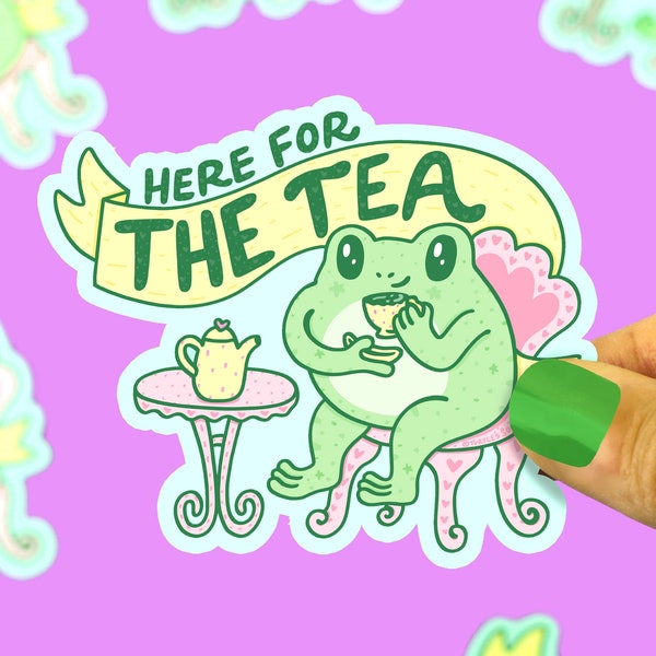 Frog Tea Gossip Sticker: Funny Kawaii Decal, Weatherproof