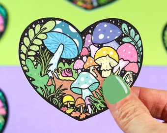 Mushroom Forest Heart Sticker: Waterproof Vinyl Cottagecore Decal