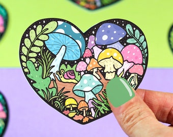 Mushroom Forest Heart Sticker, Cottagecore, Fantasy, Toadstool Matte Vinyl Sticker, Woodland, Sticker for Your Laptop, Journal, Car, Phone