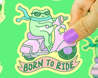 Frog Riding Scooter Sticker: Funny Weatherproof Vinyl Decal