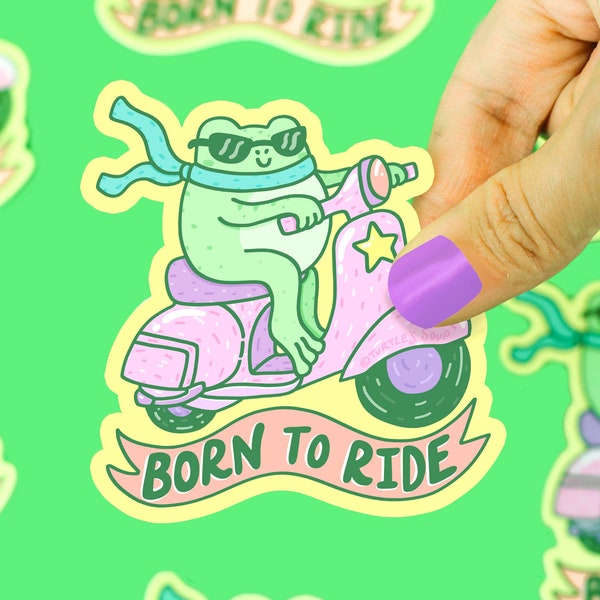 Frog Riding Scooter, Funny Frog Sticker, Born Riding Sticker, Cute Art, Vinyl Decal, Scooter Sticker, Weatherproof, Water Bottle Decal
