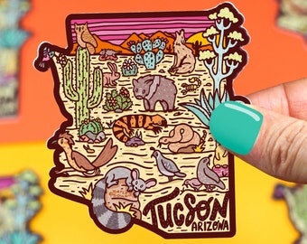 Tucson Arizona Sticker, Map, State Sticker, Desert Wildlife, Sonoran Desert, Tucson, Phoenix, Saguaro Cactus, Sunset, Coyote, Turtle's Soup