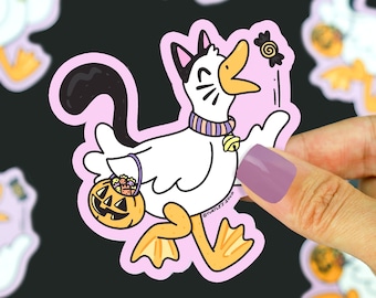 Duck Trick or Treat, Cat Costume, Funny Halloween Sticker, Halloween Buddies, Sticker Art, Jack O Lantern, Decal for Water Bottle, Planner