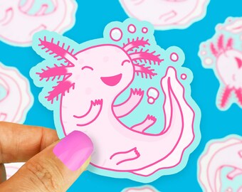Könnte beinhalten: Ein rosa Axolotl-Aufkleber mit einem lächelnden Gesicht und blauem Hintergrund. Der Axolotl ist von Blasen umgeben und hat einen wellenförmigen Schwanz.