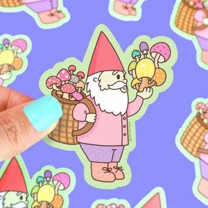 Gnome Mushroom Gatherer Vinyl Sticker, Garden Gnome Sticker