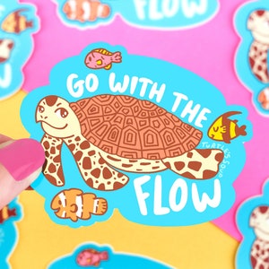 Go With The Flow, Sea Turtle Sticker, Cute Art Decal, Easygoing, Save The Turtles, Ocean, Sea Life, Aquatic, Illustration, Art, Summer Decal