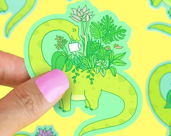 Brontosaurus Planter Sticker: Tropical Plant Dinosaur Decal