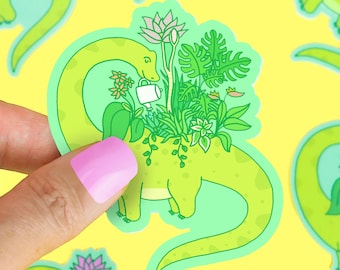 Dino Planter, Dinosaur Decals, Brontosaurus, Gardening Sticker, Vegan Sticker, Tropical Plants, Dinosaur Planter, Cute Sticker for Laptop