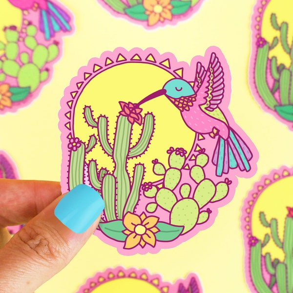 Hummingbird & Desert Cacti Sticker: Southwest Art Vinyl Decal
