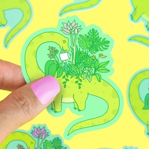 Dino Planter, Dinosaur Decals, Brontosaurus, Gardening Sticker, Vegan Sticker, Tropical Plants, Dinosaur Planter, Cute Sticker for Laptop