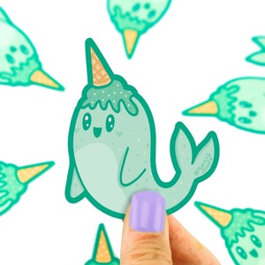 Mint Ice Cream Narwhal Vinyl Sticker, Cute Narwhal, Waterproof Decal, Adorable Dessert Sticker, Funny Sticker for Laptop, Tablet, Phone