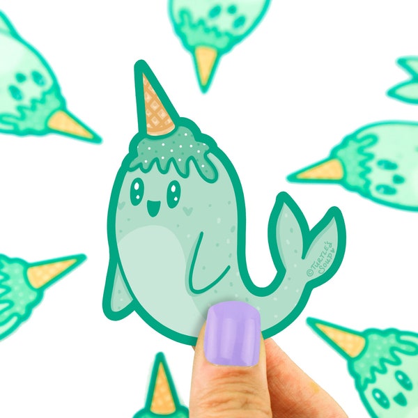 Mint Ice Cream Narwhal Vinyl Sticker, Cute Narwhal, Waterproof Decal, Adorable Dessert Sticker, Funny Sticker for Laptop, Tablet, Phone