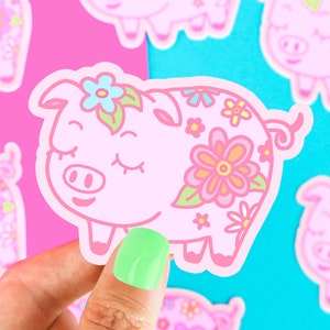 Pink Pig Sticker, Cute Vinyl Sticker, Mosaic Art, Floral Sticker, Gift for Children, Piggy Stickers, Floral, Small Decal