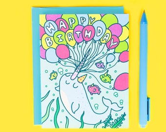 Happy Birthday Narwhal Card, Cute Birthday Card, Kids Birthday