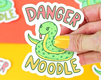 Danger Noodle, Serpent Art, Snake Vinyl Sticker, Funny Pun, Cute Green Snake, Snake Decal, Snake Art, Snake Illustration, Laptop Decal, Cars