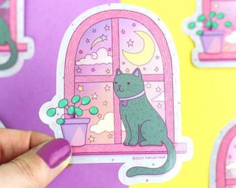 Holographic Gazing Moonlight Kitty Cat Vinyl Sticker