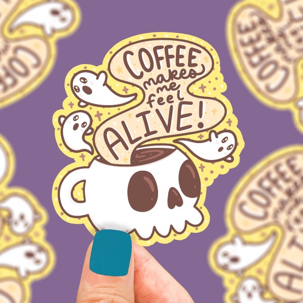 Coffee Makes Me Feel Alive, Coffee Sticker Art, Skull Coffee Cup, Coffee Cup Sticker, Waterproof Decal, Ghosts and Ghouls, Morbid, Gothic