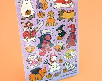 Halloween Dog Costume Glitter Sticker Sheet: Cute Puppy Costume Stickers, Ghost Dog, Witch Dog, Vampire Dog, Kawaii Halloween Stickers