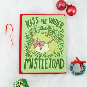 Funny Christmas Card, Mistletoad, Kiss Me Under The Mistletoe, Frog, Holiday Cards, Bulk Cards, Pick Your Own, Toad, Art, Turtle's Soup