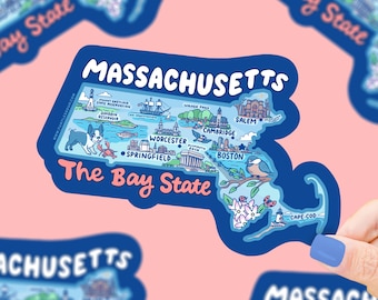 Pegatina con mapa de Massachusetts: Boston, Salem, Cape Cod - Vinilo impermeable