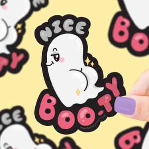 Nice Boo-ty Funny Ghost Halloween Waterproof and Weather Resistant Vinyl Sticker