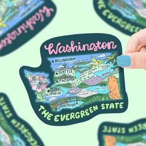 May include: A sticker of the state of Washington with the text "Washington, The Evergreen State" and a map of the state with various landmarks and cities labeled. The sticker is on a light green background.