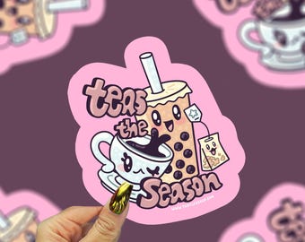 Teas The Season Vinyl Sticker, Funny Tea Pun Sticker, Boba Cup & Hot Tea Winter Decal, Cute Seasonal Drink Waterproof Sticker