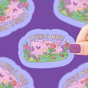 I Need A Nap, Pig, Sleepy, Piggies, Farm Animal, Pigs, Sleeby, Tired, Cute Animals, Flowers, Waterproof, Dishwasher Safe, Vinyl Sticker
