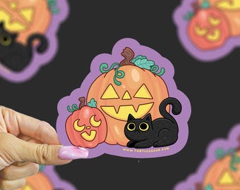Black Cat Pumpkin Halloween Vinyl Sticker, Cute Spooky Autumn Cat Decal, Festive Fall Waterproof Sticker, Halloween Pumpkin Sticker