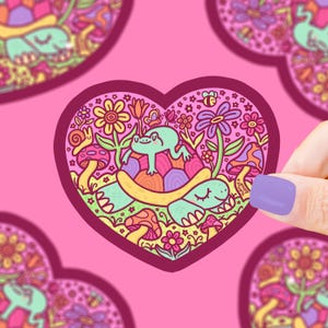 Autocollant coeur Saint Valentin tortue et grenouille, fleurs, champignons, autocollant grenouille, coloré, tortues mignonnes, fleurs, somnolent, autocollant imperméable