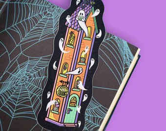 Haunted Bookstore Halloween Die Cut Bookmark, Ghost Reading Bookmark, Spooky Double Sided Bookmark, Creepy Cute Book Lover Gift