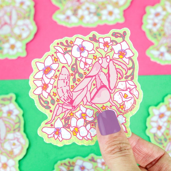 Orchid Mantis Glitter Sticker, Floral Insect Decal