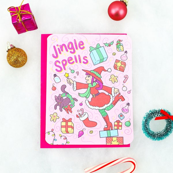 Jingle Spells, Witchy Christmas Card, Cute Witch Card, Holiday Card, Funny Jingle Bells, Magic Christmas Card, Cute Christmas Gift, Magical