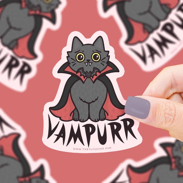 Vampurr Kitty Vinyl Sticker: Funny Halloween Vampire Cat Decal