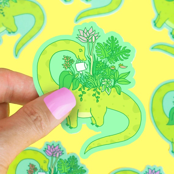 Brontosaurus Planter Sticker: Tropical Plant Dinosaur Decal