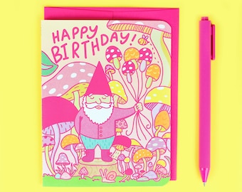 Carte d'anniversaire gnome, carte d'anniversaire champignon, cottagecore, anniversaire dans la forêt, région boisée, printemps, carte de jardinage, carte champignon, nain