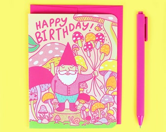 Carte d'anniversaire gnome, carte d'anniversaire champignon, cottagecore, anniversaire dans la forêt, région boisée, printemps, carte de jardinage, carte champignon, nain