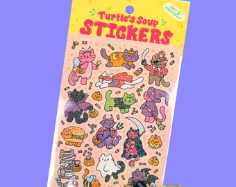 Halloween Cat Costume Glitter Sticker Sheet: Cute Kitty Costume Stickers, Ghost Cat, Witch Cat, Vampire Cat, Kawaii Halloween Stickers