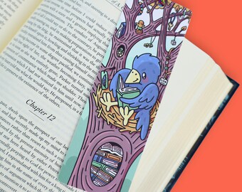 Crow Reading in Tree Bookmark, Tassel Bookmark for Book Lovers, Shiny Trinkets Collector Bookmark, Gothic Nature Gift, Bird Lover, Library