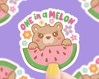 One In a Melon Bear Vinyl Sticker, Watermelon Sticker Art, Water Bottle Stickers