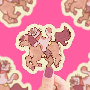 Cowboy Cat Riding Horse Sticker: Waterproof Vinyl Decal