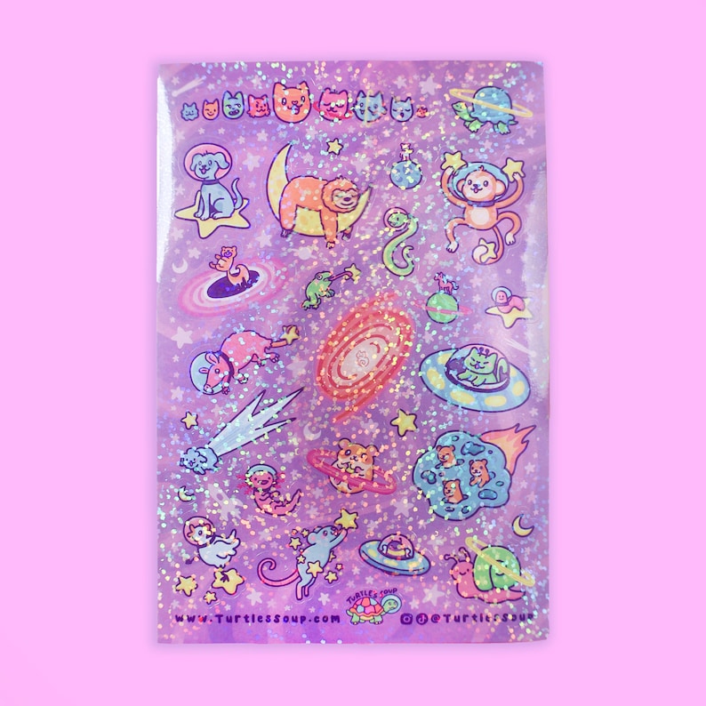 Cosmic Critters Sticker Sheet, Cute Space Stickers, Animal Sticker Art, Kawaii Stationery, Stickers, Glitter, Galaxy Cats, Planner Stickers afbeelding 2